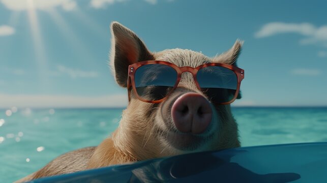 Pig is on summer vacation at seaside resort and relaxing on summer beach. Summer relax. Illustration for cover, card, postcard, interior design, decor, invitations or print. - Powered by Adobe