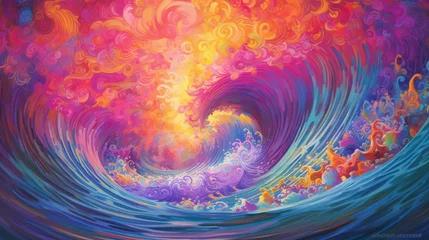 Cercles muraux Mélange de couleurs A big breaking ocean wave with white foam. Tropical sunset background. Sunset. Illustration for banner, poster, cover, brochure or presentation.
