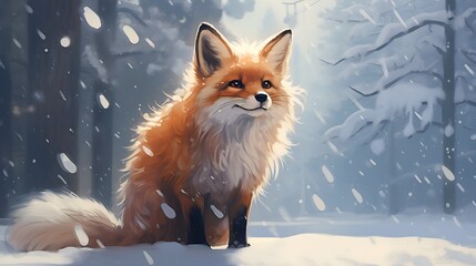 cute fox in the snow, comic art
