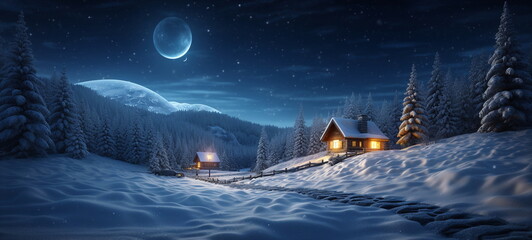 Starry night ,full moon ,winter forest , Christmas trees ,wooden cabin with light in windows, ,pine trees covered by snow ,winter Christmas festive background - 626650778