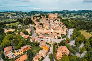 Fototapeta na wymiar Aerial view of Medieval village of Gradara, Italy. Little old village italy scene in Pesaro province , Marche region