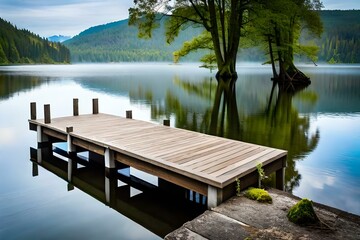 Naklejka premium Brown Wooden Dock on River, Created using generative AI tools