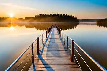 Fototapeta premium Brown Wooden Dock on River, Created using generative AI tools
