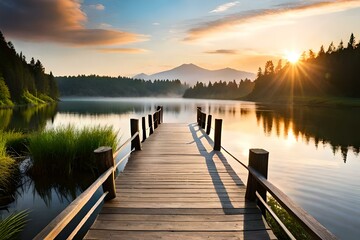 Fototapeta premium Brown Wooden Dock on River, Created using generative AI tools