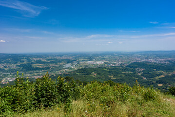 Obraz premium Panorama of Loznica seen from the mountain Gucevo. City of Loznica in west Serbia aerial view.