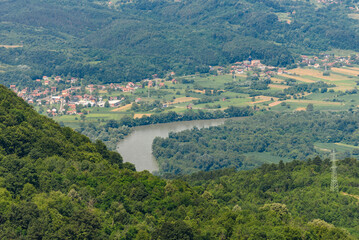 Fototapeta na wymiar Panorama of Loznica seen from the mountain Gucevo. City of Loznica in west Serbia aerial view.