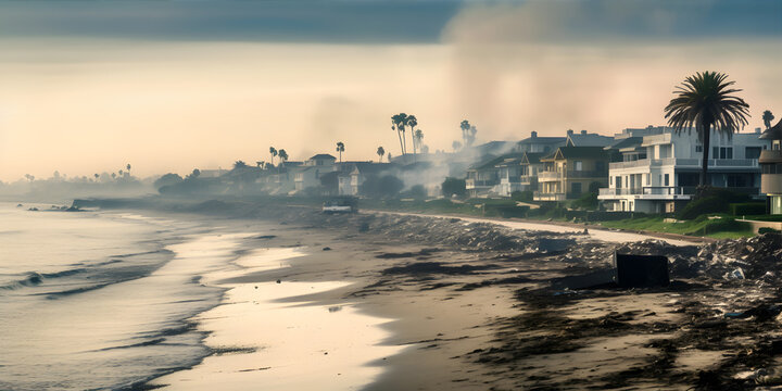 A coastal town enveloped in thick smog, with oil spills polluting the ocean and litter scattered across the beach