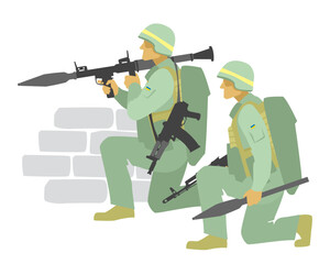 Ukrainian troops. Anti tank team with RPG-7 grenade launcher. Vector image for illustrations.