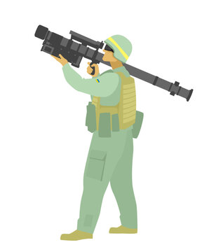 Ukrainian troops. Air defense. MANPADS. Infantryman with FIM-92 Stinger portable anti aircraft missile system. Vector image for illustrations.