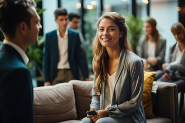 A woman leading a business break with a group of people sitting on a couch