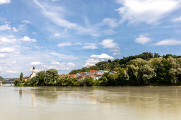 Fototapeta na wymiar View at Passau with district Innstadt and river Inn in summer outdoors