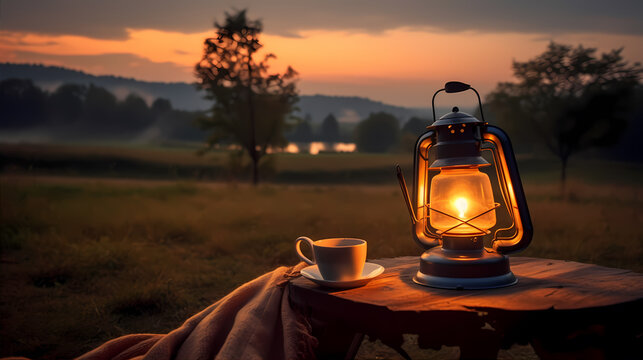Cozy camping scene with a glowing lantern hanging from a tree branch, illuminating the area around it. The lantern casts a soft golden light on a rustic camping chair