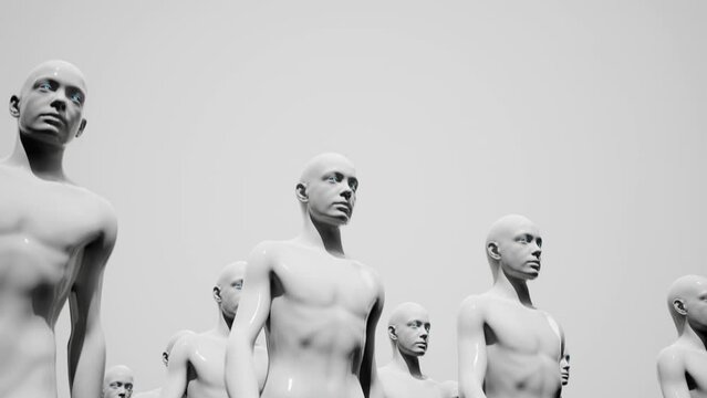 Army of robots. A crowd of cyborg workers marching in formation. 3D animation
