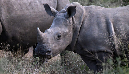 Fototapeta premium A young white rhino next to his mother in the wild