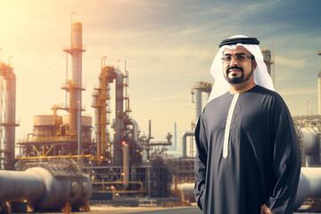 A successful Muslim Arab entrepreneur beside an oil pump, with an oil refinery complex in the backdrop. A thriving Saudi, Emirati, Arab businessman. Wide format panoramic background

Generative AI