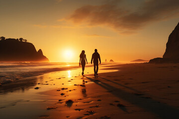 Fototapeta na wymiar Silhouetted figures walking across beach toward setting sun