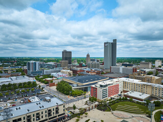 Aerial downtown Fort Wayne with multiple buildings just outside Parkview Field
