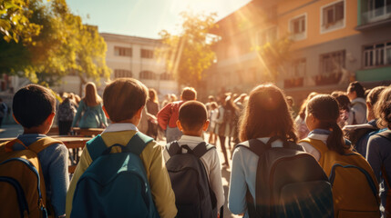 Group of children wearing bagpacks on sunny morning back to school