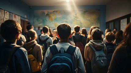 Back to high school concept. Male teenager walks amongst other teens on hallway at first high school day