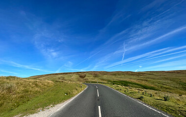 Lancashire moor top landscape, with wild plants , gorse, and a blue sky on, Slaidburn Road, Newton, UK
