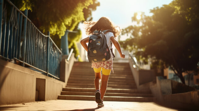 little girl wearing bacgpack walking up stairs in first day back to school on sunny morning