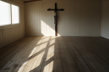 Crucifix casting elongated shadow across light wooden floorboards