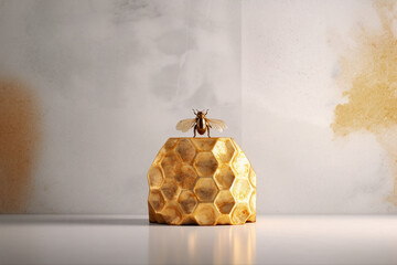Honeycomb Flight: Golden Bee & Geometric Figurine, Generative AI
