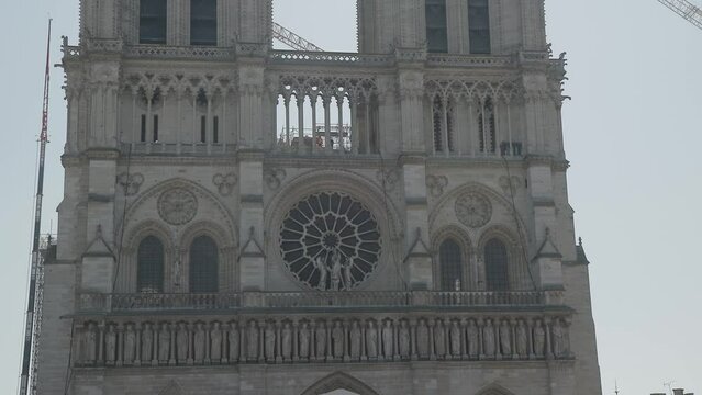 facade of Notre Dame De Paris with workers
