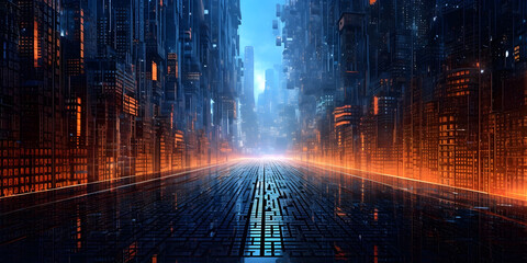 An encrypted digital fortress protecting sensitive data, illuminated by a grid of pulsating neon lights, amidst a sprawling metropolis. Generative ai.