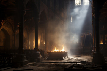 Interior of incense filled medieval church with haze and spotlight
