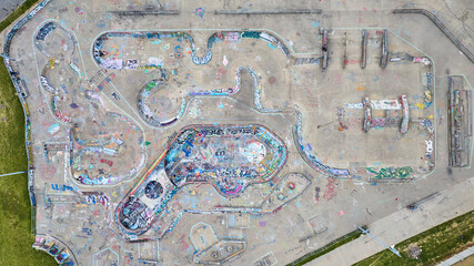 Aerial skatepark covered in colorful graffiti artwork names Louisville Kentucky