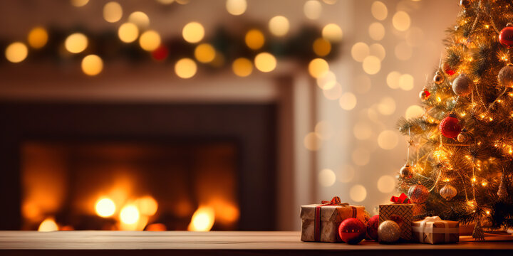 Christmas background on Christmas tree and fireplace in bokeh with wooden table on foreground
