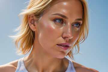 Runner woman, headshot, cleat background. Generative AI.. 