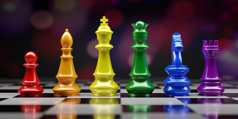 Rainbow color Chess pieces. Chess king, queen, horse, bishop, rook and pawn in a row