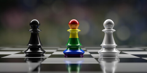 Rainbow color Chess pawn among black and white pawn on chessboard, Inclusion and diversity