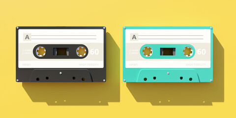 Two vintage audio cassette tapes with blank label isolated on yellow color background,