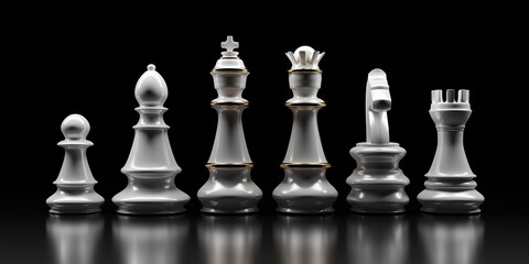 White Chess pieces. Chess king, queen, horse, bishop, rook and pawn on black