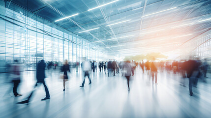 Blurred figures of business professionals strolling at an expo, conference, or within a contemporary hall, demonstrating motion speed blur, broad panoramic banner


Generative AI