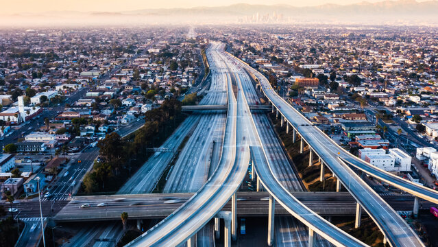 Aerial view of a freeway intersection in Los Angeles. 