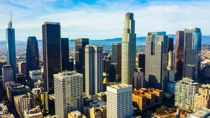 Obraz premium Drone view of downtown Los Angeles or LA skyline with skyscrapers. 