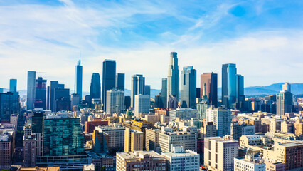 Fototapeta na wymiar Drone view of downtown Los Angeles or LA skyline with skyscrapers. 