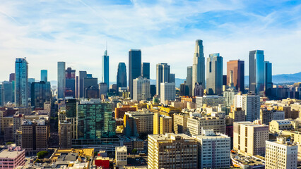 Drone view of downtown Los Angeles or LA skyline with skyscrapers. 