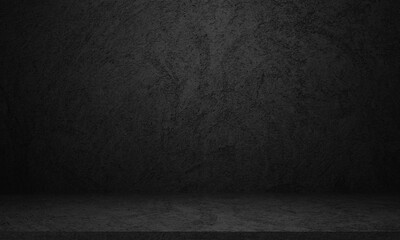 Empty dark concrete studio room for displaying product background.  Interior black cement wall texture for product presentation.  Vintage style of the wall. 