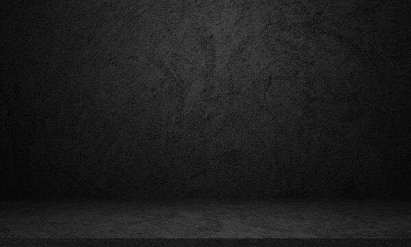 Empty dark concrete studio room for displaying product background.  Interior black cement wall texture for product presentation.  Vintage style of the wall. 