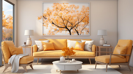 Interior design of a living room with a sofa, yellow color, a painting and lamps, for designers interiors