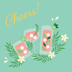 Cocktail festival. Cocktail, fresh juice, lemonade, summer beverage. Beach summer party poster. Bar cheers vector illustration
