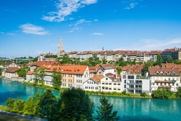 Fototapeta na wymiar Panoramic view of Aare river and old town of Bern, Switzerland
