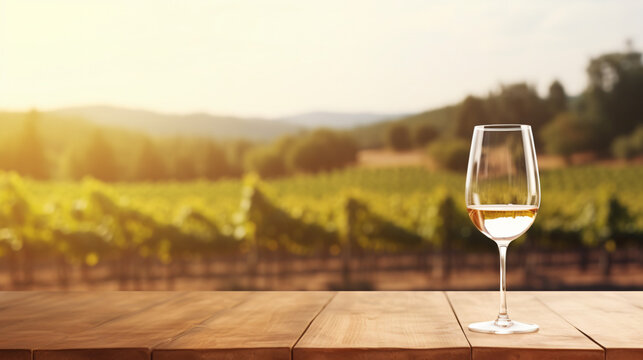 An empty wooden tabletop features a glass of wine, set against the blurred backdrop of a vineyard landscape, ready for product display or montage. This represents the concept of winery agriculture, ai