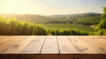 An empty wooden tabletop features a glass of wine, set against the blurred backdrop of a vineyard landscape, ready for product display or montage. This represents the concept of winery agriculture, ai