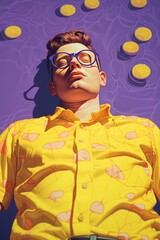 Young guy laying in water with fruit lemons. Sunny summer artistic scene with fashionable man model. Creative idea. Illustration, Generative AI.